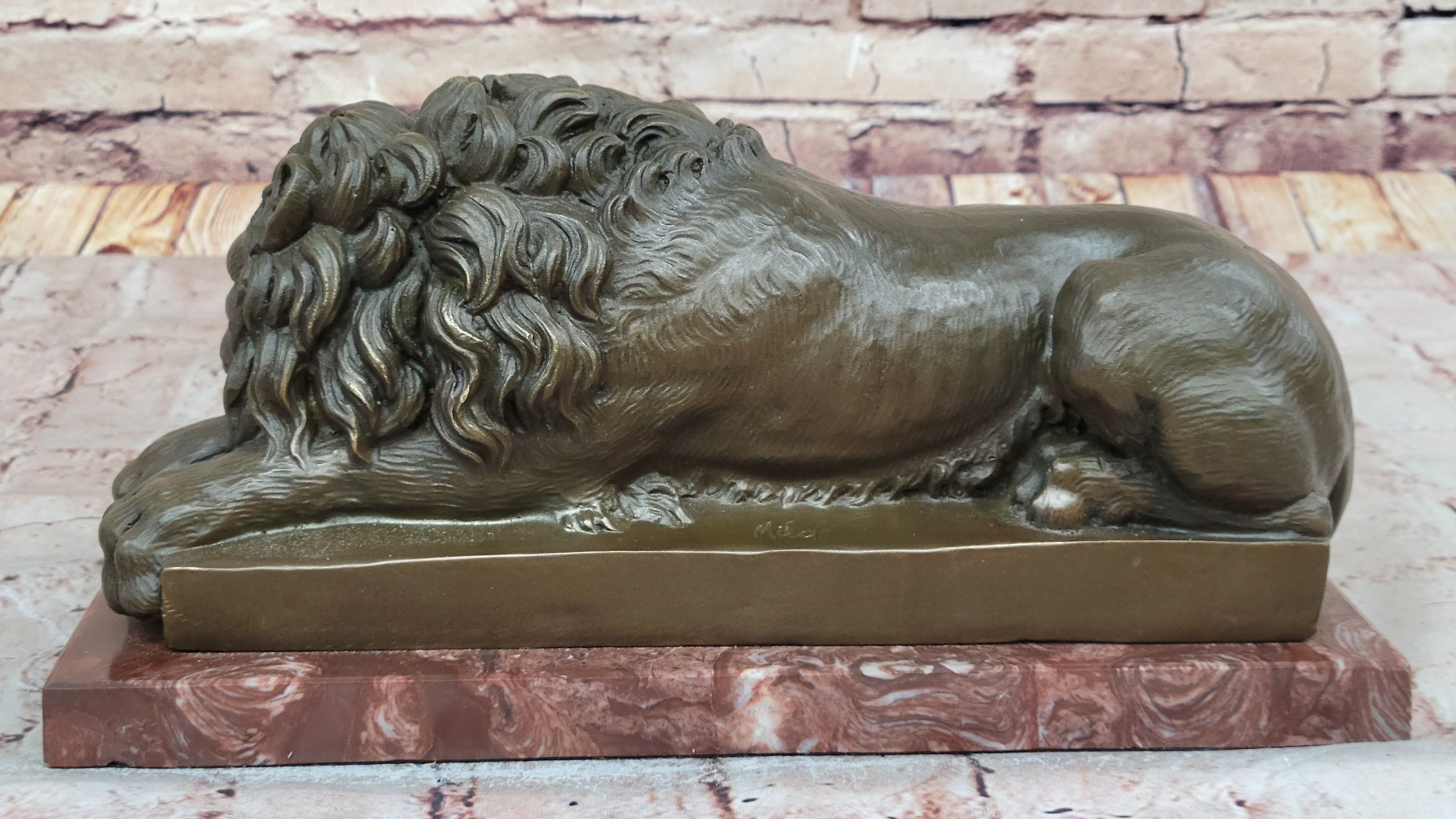 Guardian Lion Bronze Sculpture on Red Marble Base 7" x 12.5"