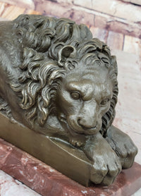 Guardian Lion Bronze Sculpture on Red Marble Base 7" x 12.5"