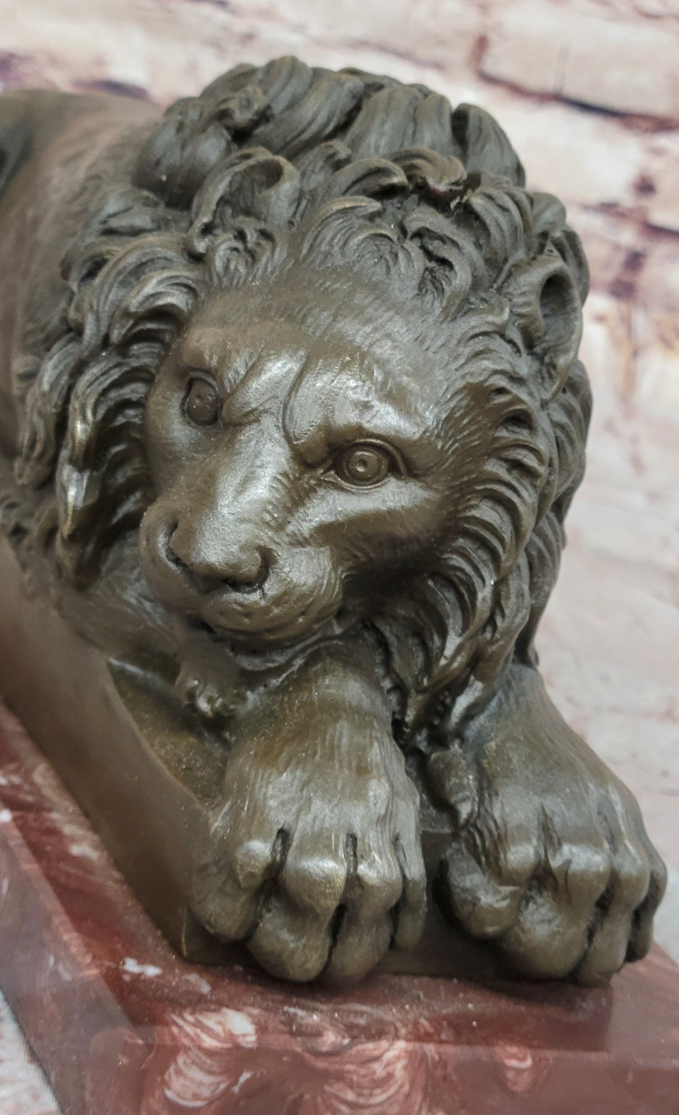 Guardian Lion Bronze Sculpture on Red Marble Base 7" x 12.5"