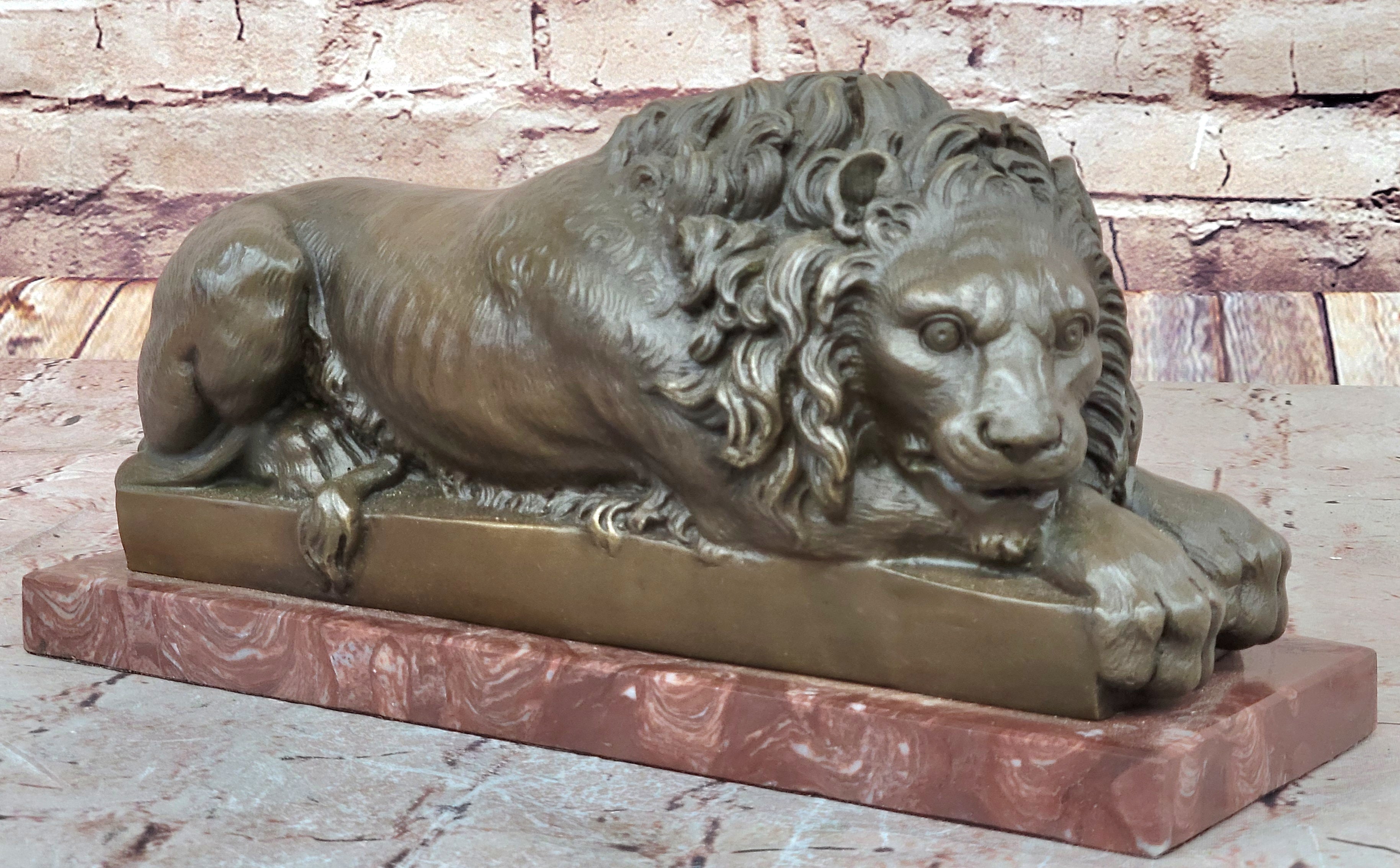 Guardian Lion Bronze Sculpture on Red Marble Base 7" x 12.5"