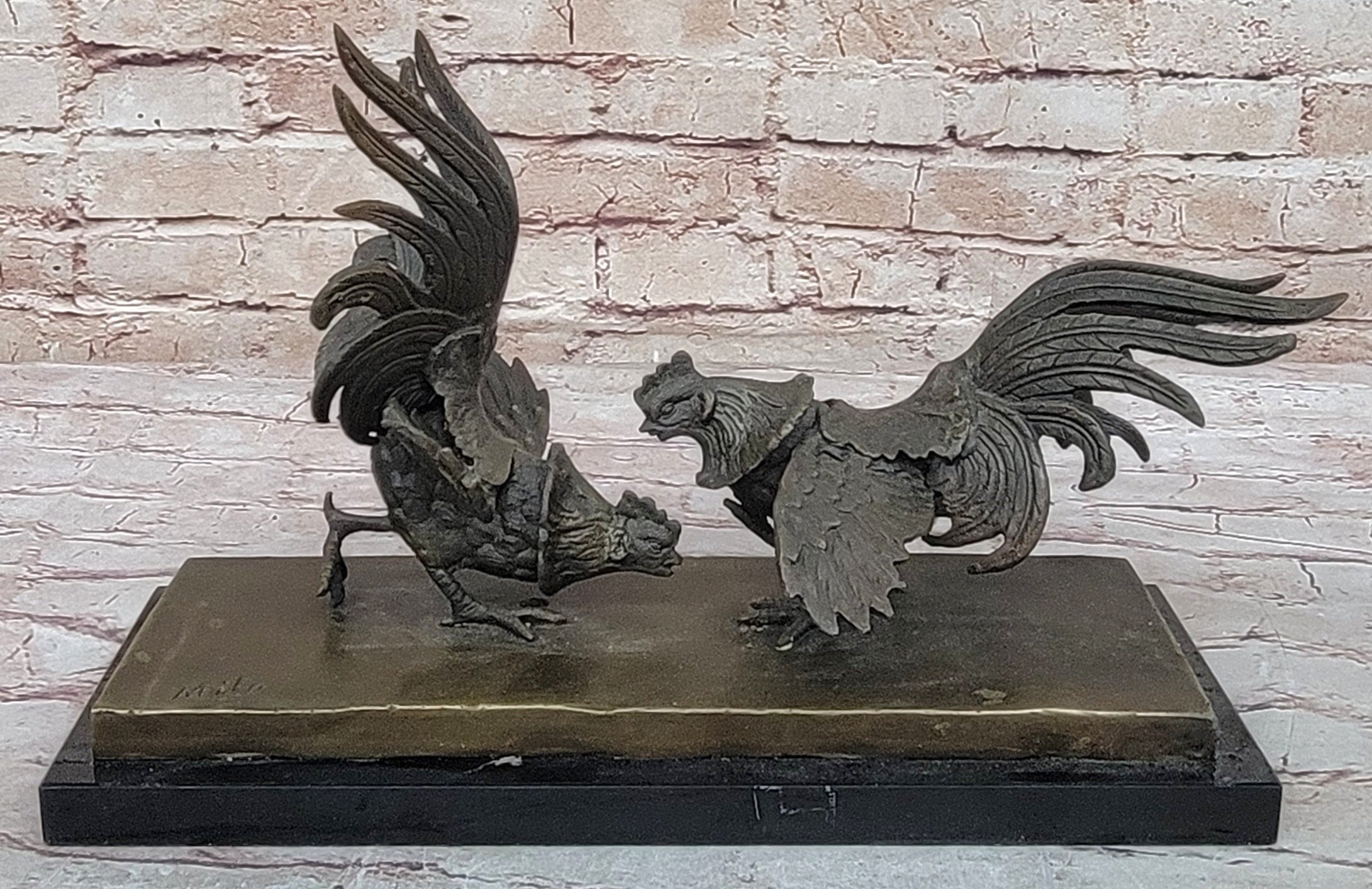 Roosters Chickens Cock Fighting Bronze Sculpture by Milo