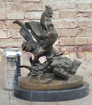 Bronze Fighting Roosters on Black Marble Base