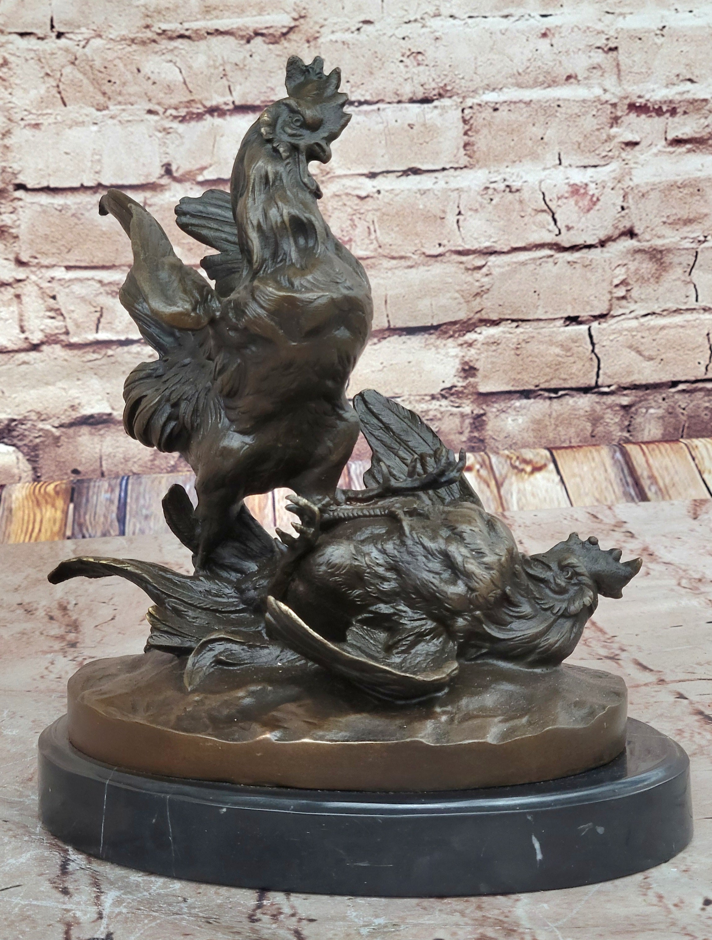 Bronze Fighting Roosters on Black Marble Base