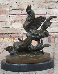 Bronze Fighting Roosters on Black Marble Base