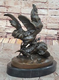 Bronze Fighting Roosters on Black Marble Base