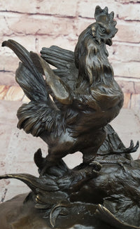Bronze Fighting Roosters on Black Marble Base
