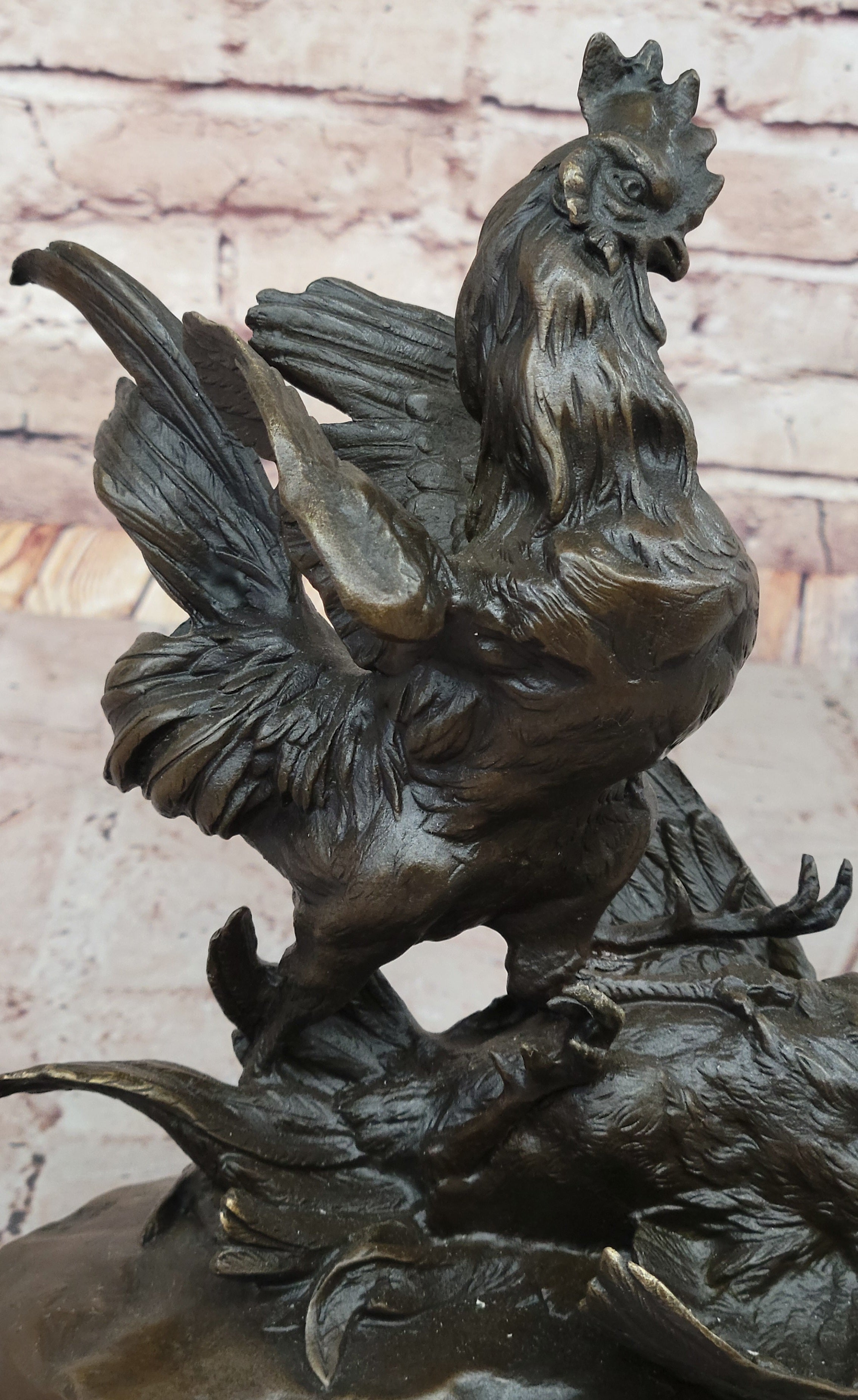 Bronze Fighting Roosters on Black Marble Base