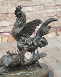 Bronze Fighting Roosters on Black Marble Base
