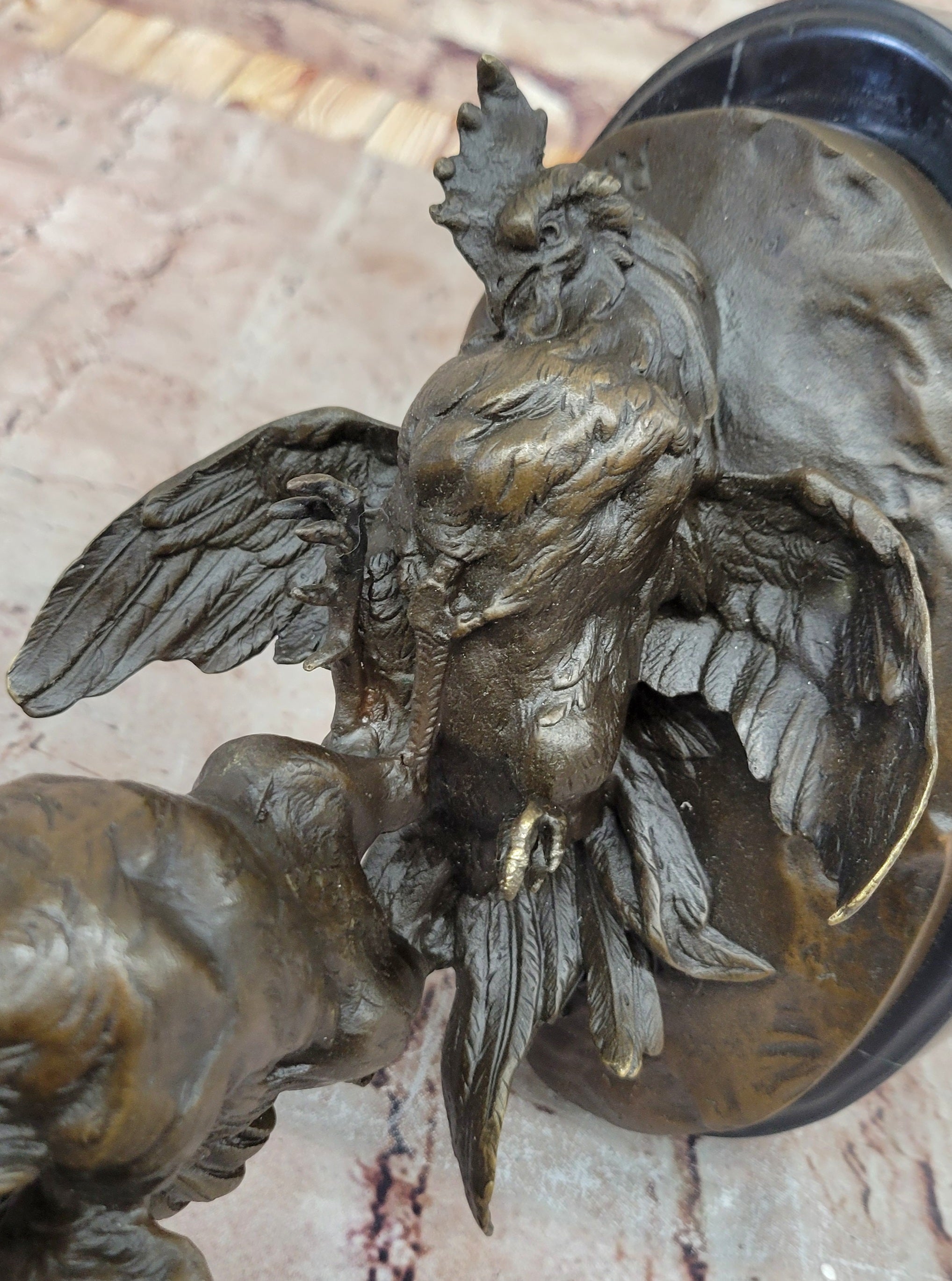 Bronze Fighting Roosters on Black Marble Base