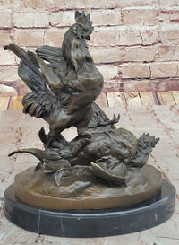Bronze Fighting Roosters on Black Marble Base