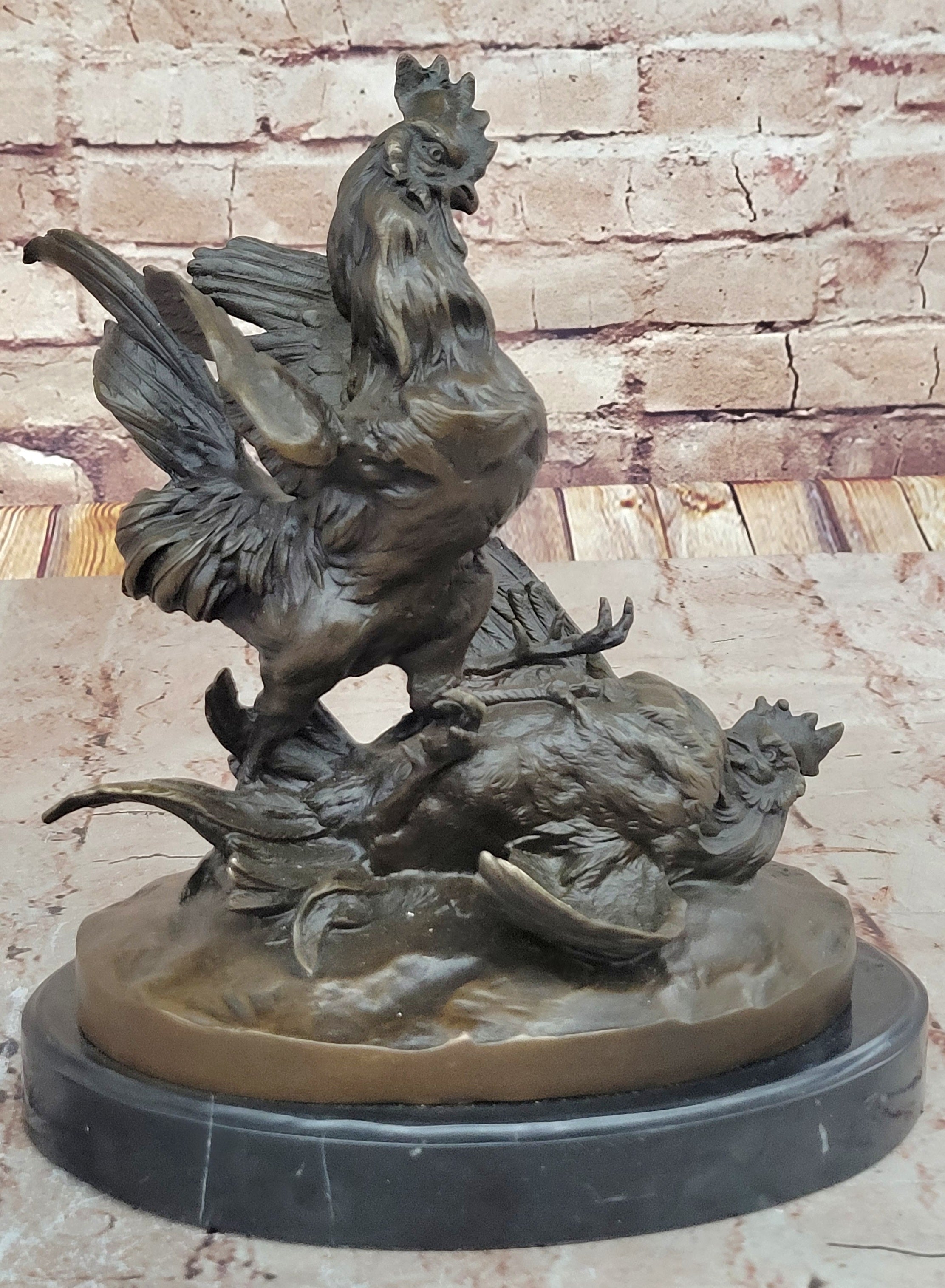 Bronze Fighting Roosters on Black Marble Base