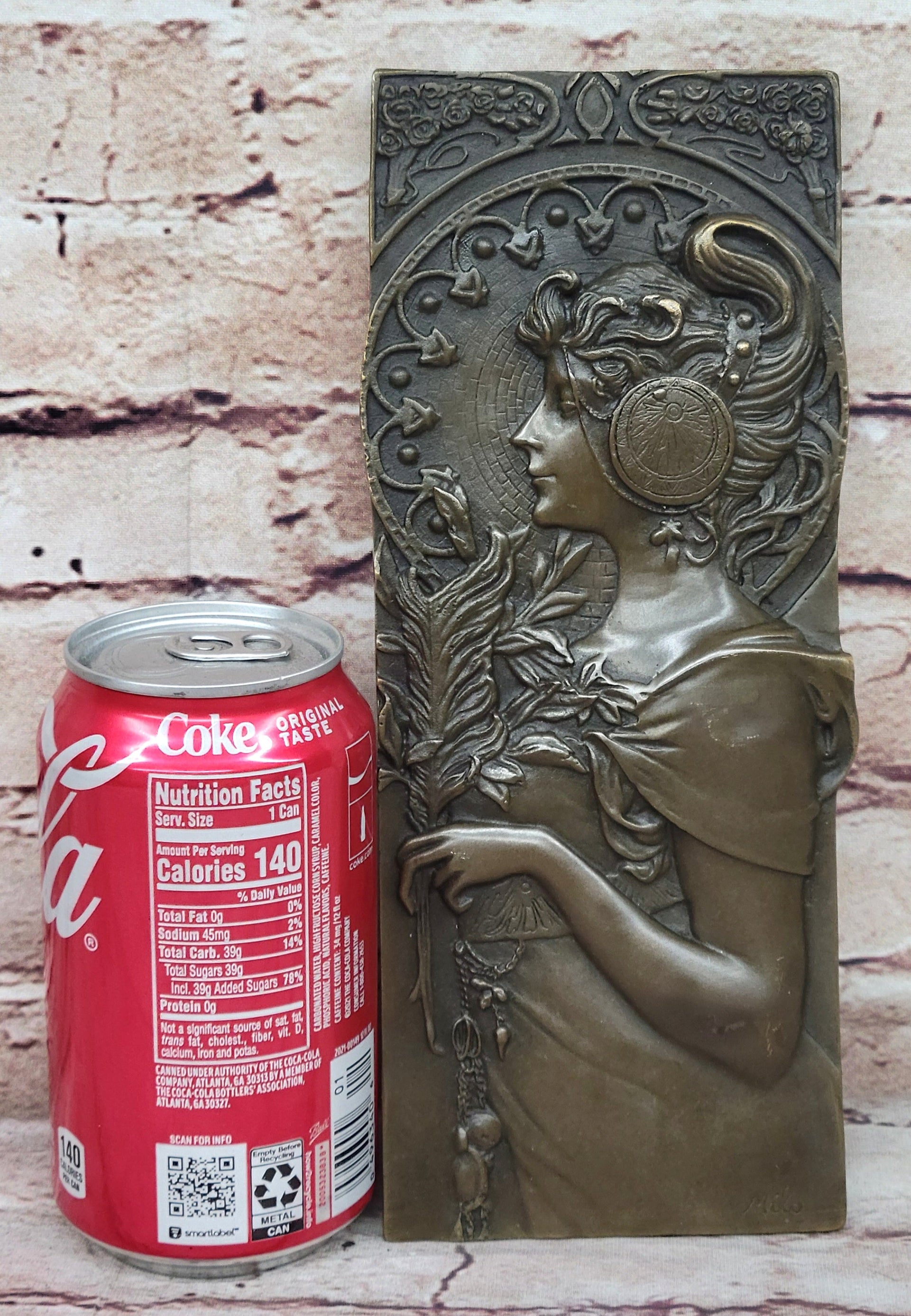 Art Nouveau Girl Portrait Bas Relief Bronze Sculpture 9.5" x 4"