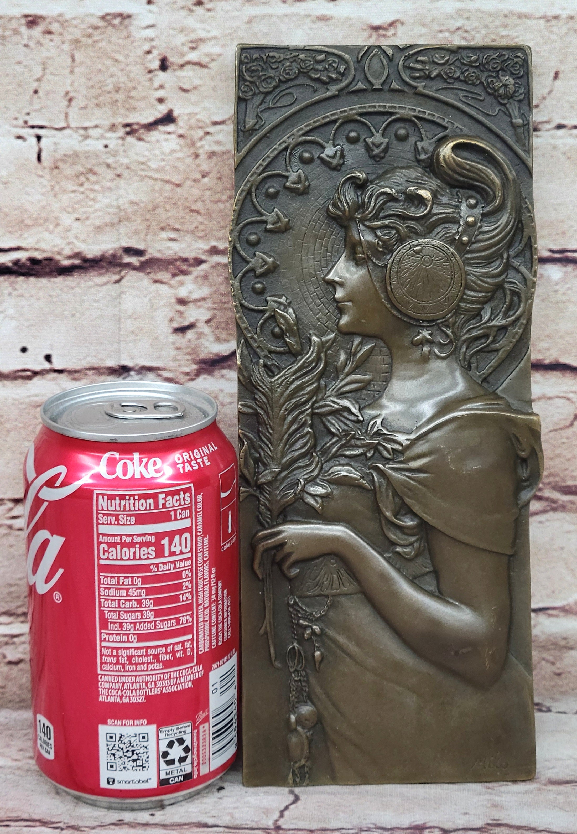 Art Nouveau Girl Portrait Bas Relief Bronze Sculpture 9.5" x 4"