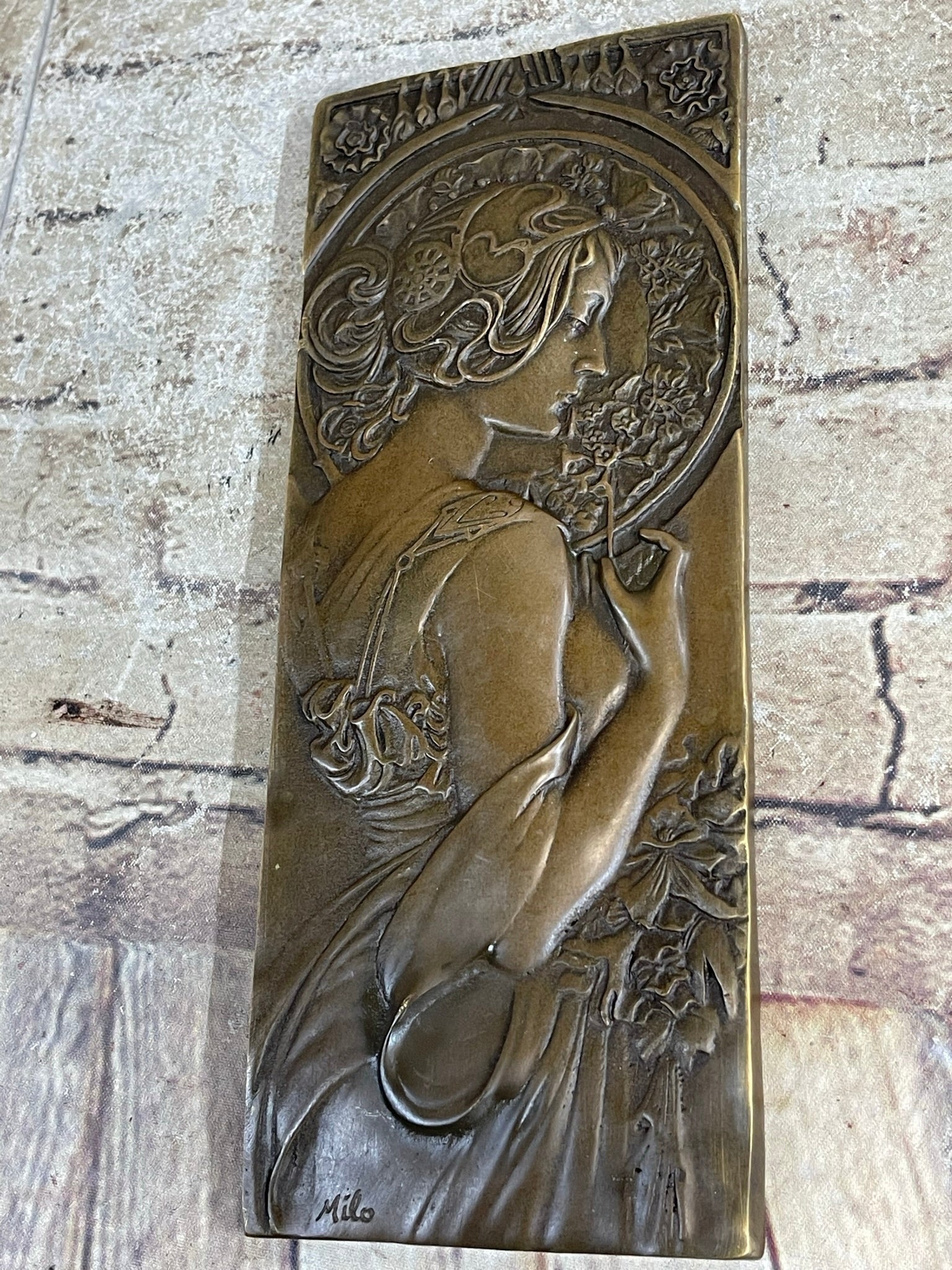 Art Nouveau Female Portrait Bas Relief Bronze Sculpture 9.5" x 4"