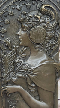 Art Nouveau Girl Portrait Bas Relief Bronze Sculpture 9.5" x 4"