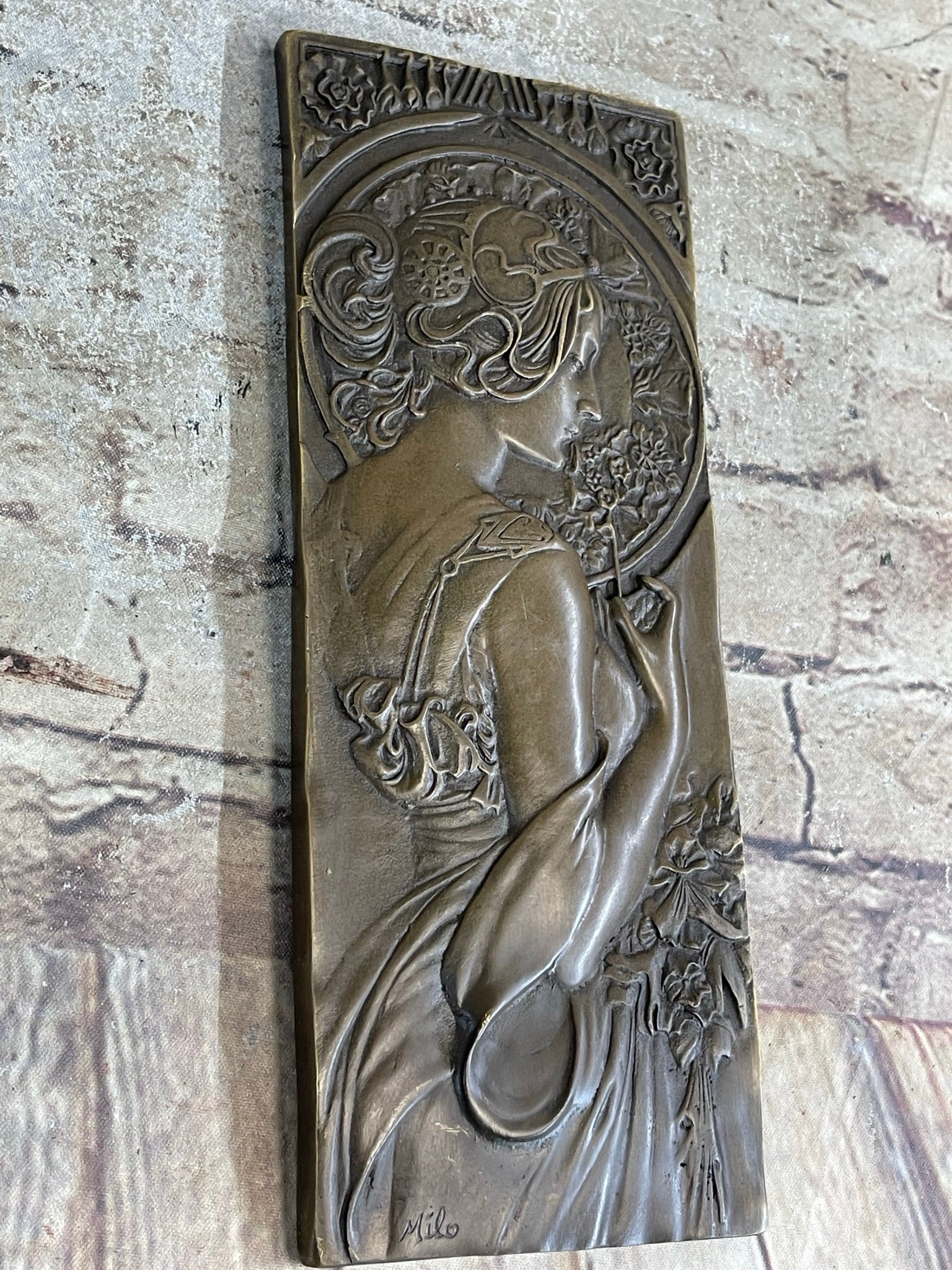 Art Nouveau Female Portrait Bas Relief Bronze Sculpture 9.5" x 4"