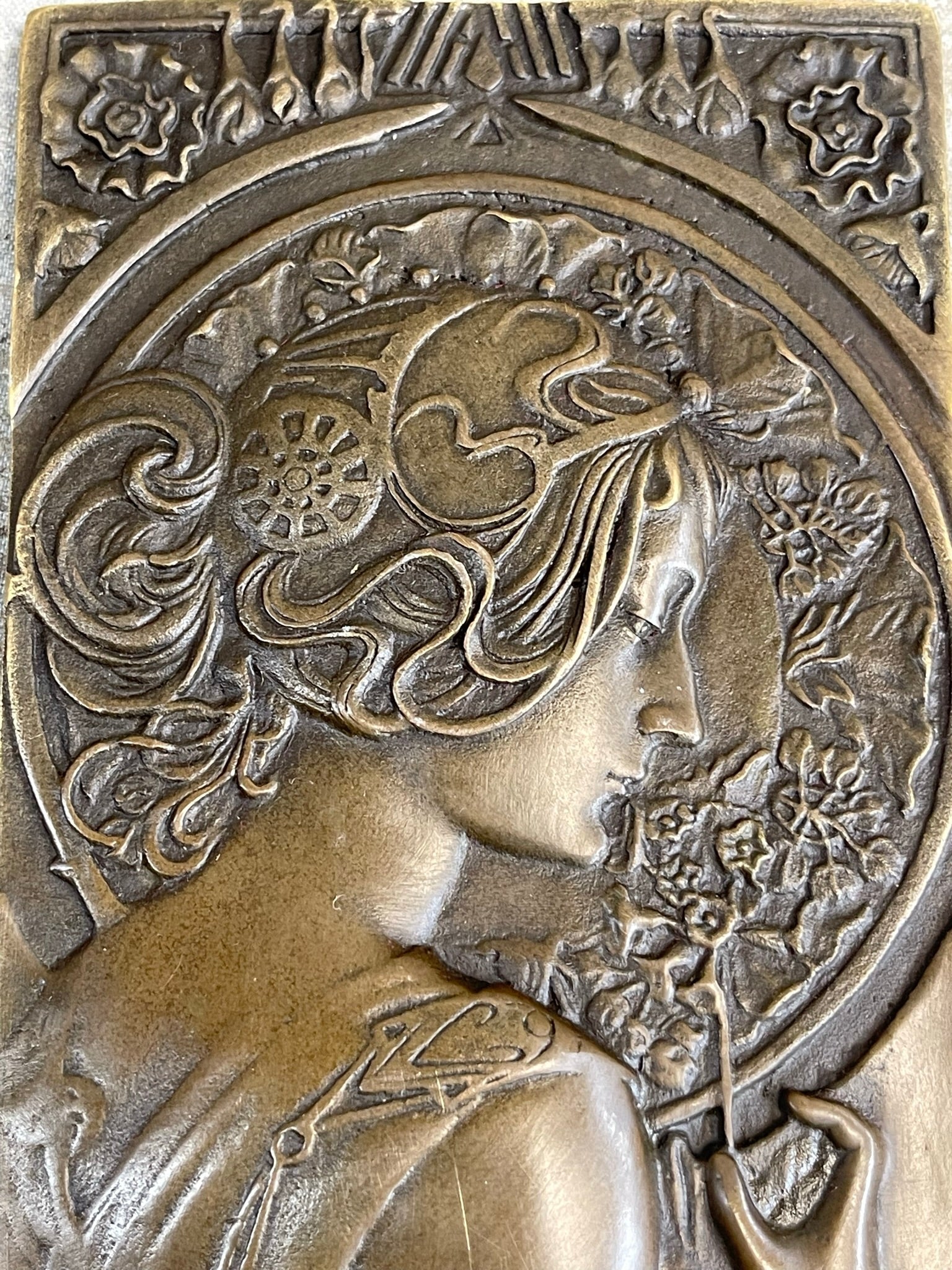 Art Nouveau Female Portrait Bas Relief Bronze Sculpture 9.5" x 4"
