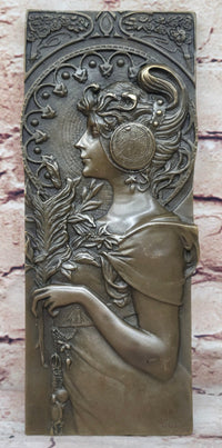 Art Nouveau Girl Portrait Bas Relief Bronze Sculpture 9.5" x 4"