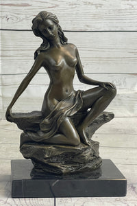 Nude Female Figure Daydreaming Bronze Sculpture Signed Art