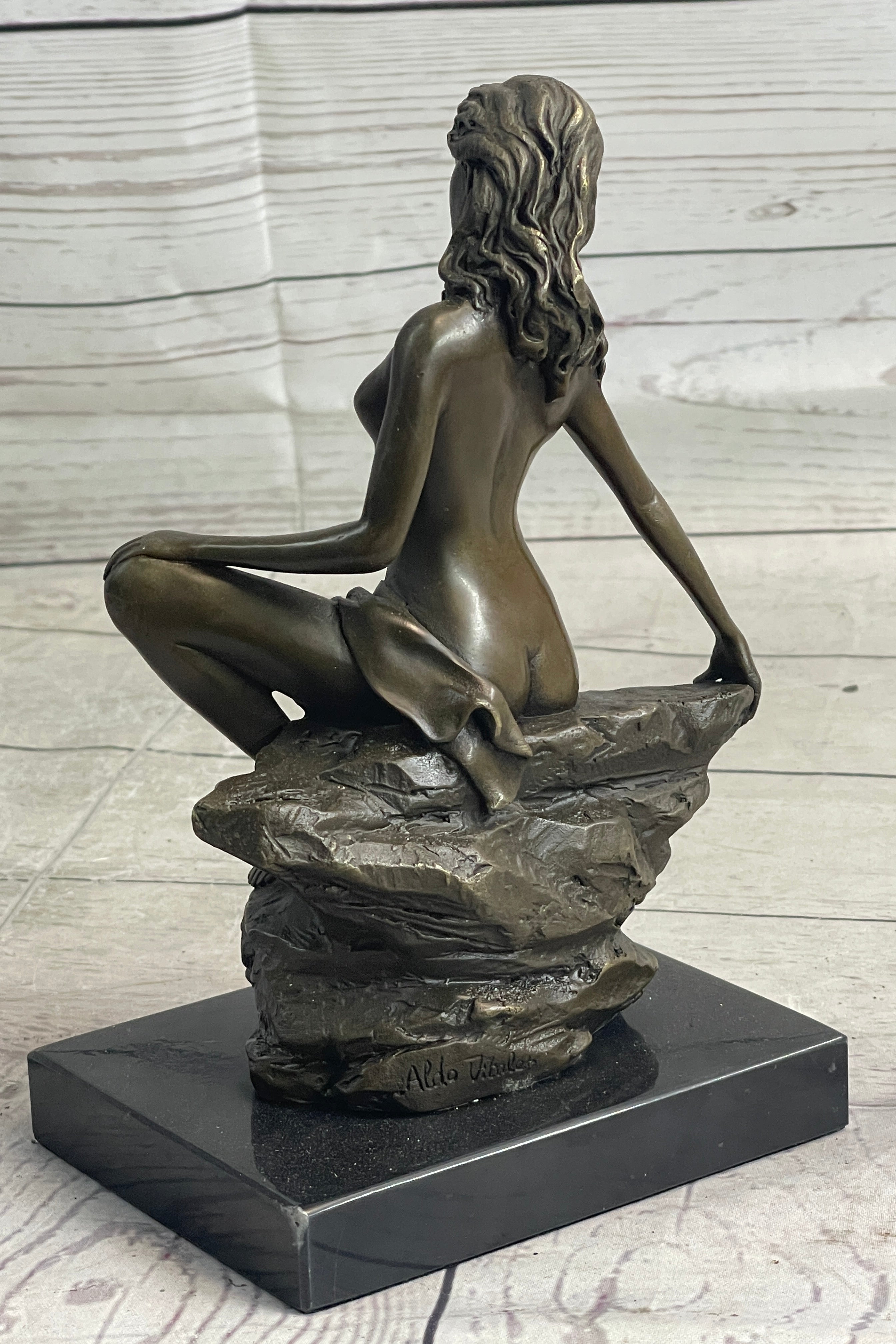 Nude Female Figure Daydreaming Bronze Sculpture Signed Art