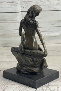 Nude Female Figure Daydreaming Bronze Sculpture Signed Art