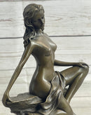 Nude Female Figure Daydreaming Bronze Sculpture Signed Art