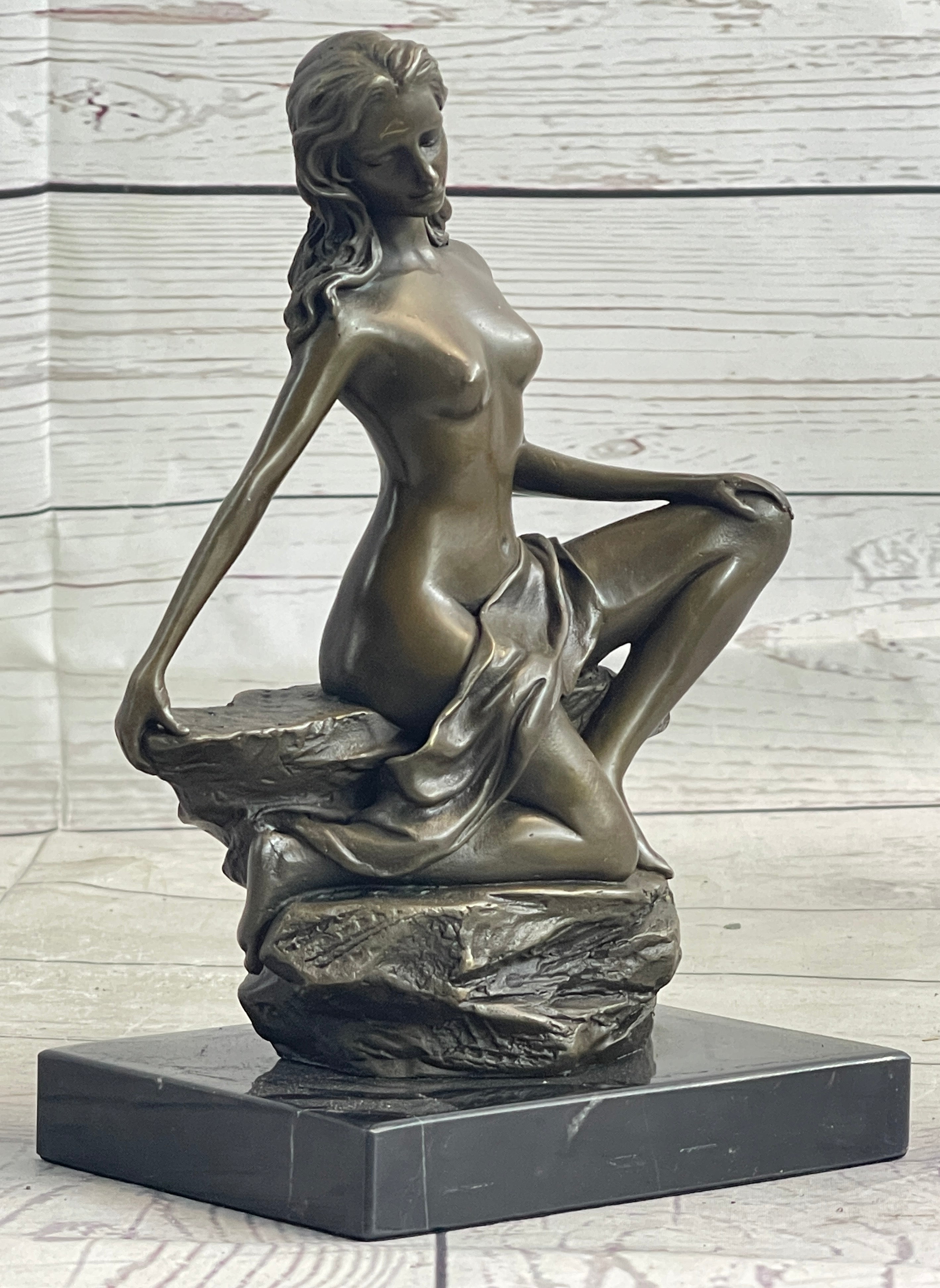 Nude Female Figure Daydreaming Bronze Sculpture Signed Art