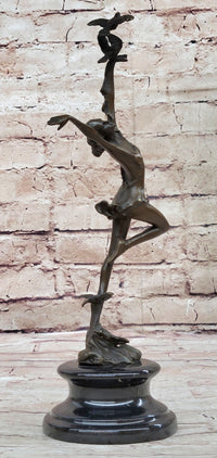 Girl Dancing with Birds Bronze Metal Sculpture Marble Base