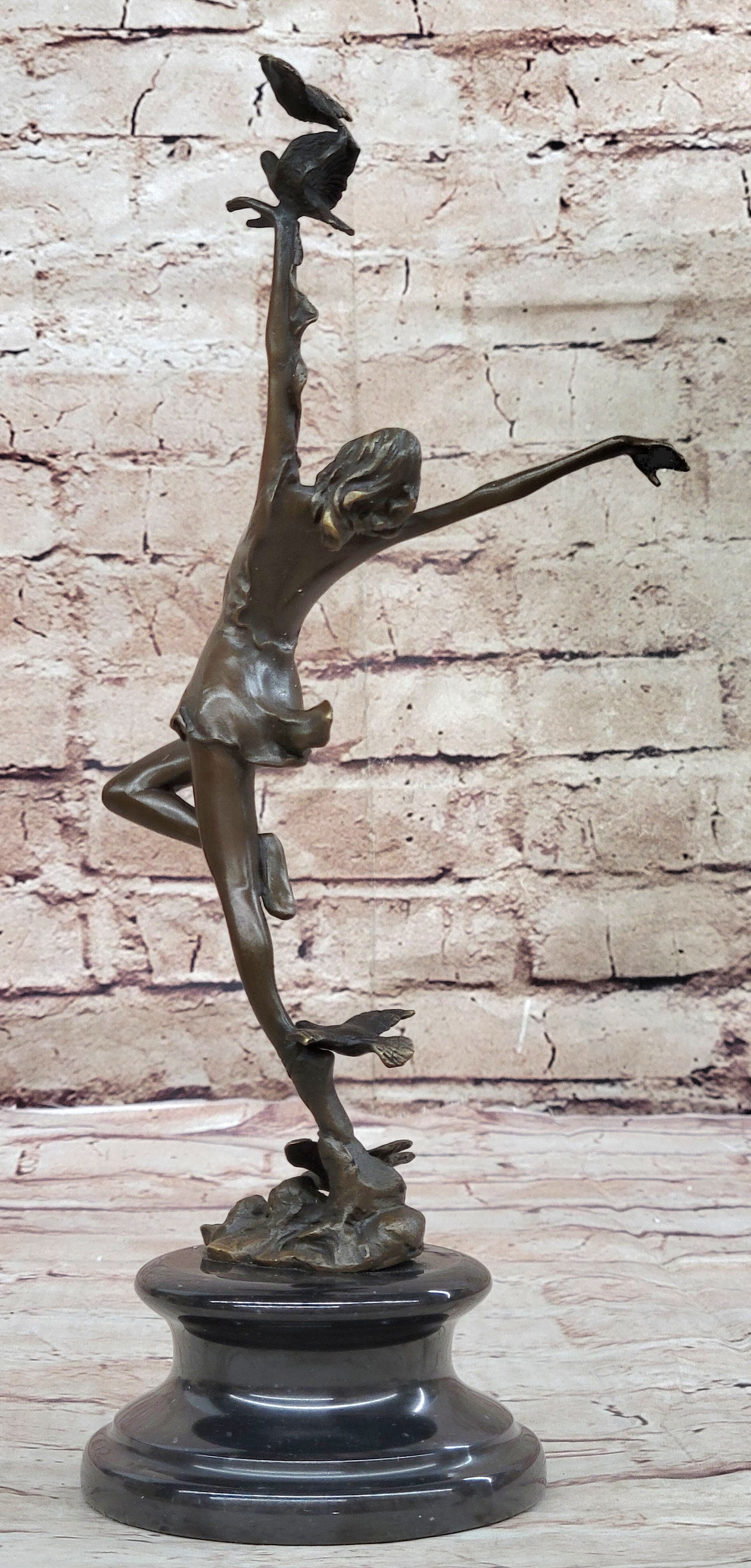 Girl Dancing with Birds Bronze Metal Sculpture Marble Base