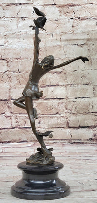 Girl Dancing with Birds Bronze Metal Sculpture Marble Base