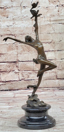 Girl Dancing with Birds Bronze Metal Sculpture Marble Base