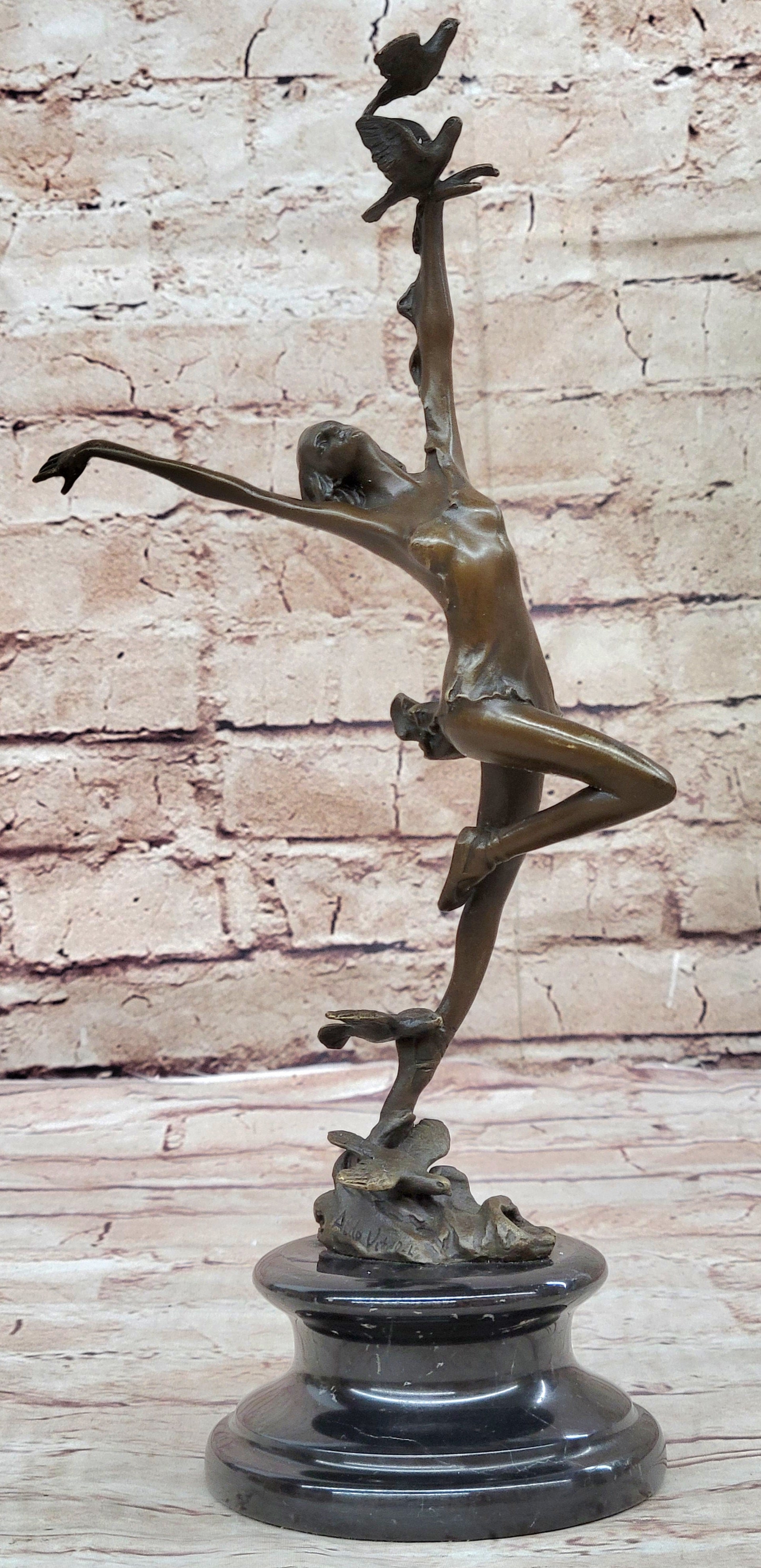 Girl Dancing with Birds Bronze Metal Sculpture Marble Base