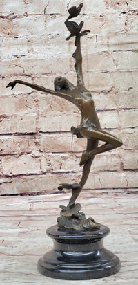 Girl Dancing with Birds Bronze Metal Sculpture Marble Base