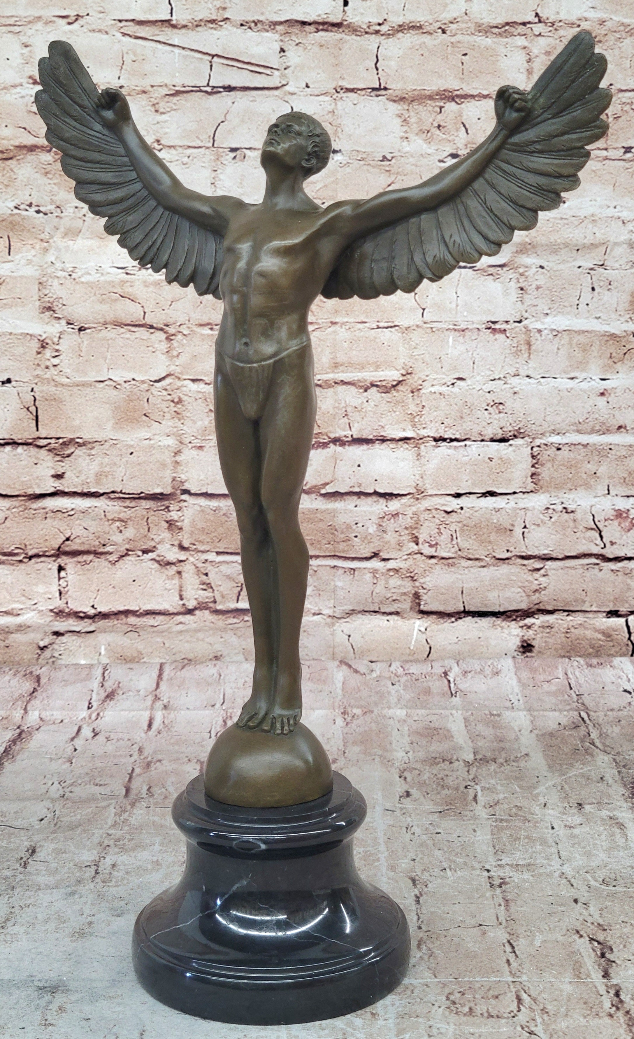Nude Icarus Rising Day by Weinman Bronze Sculpture Statue Figure on Marble Base