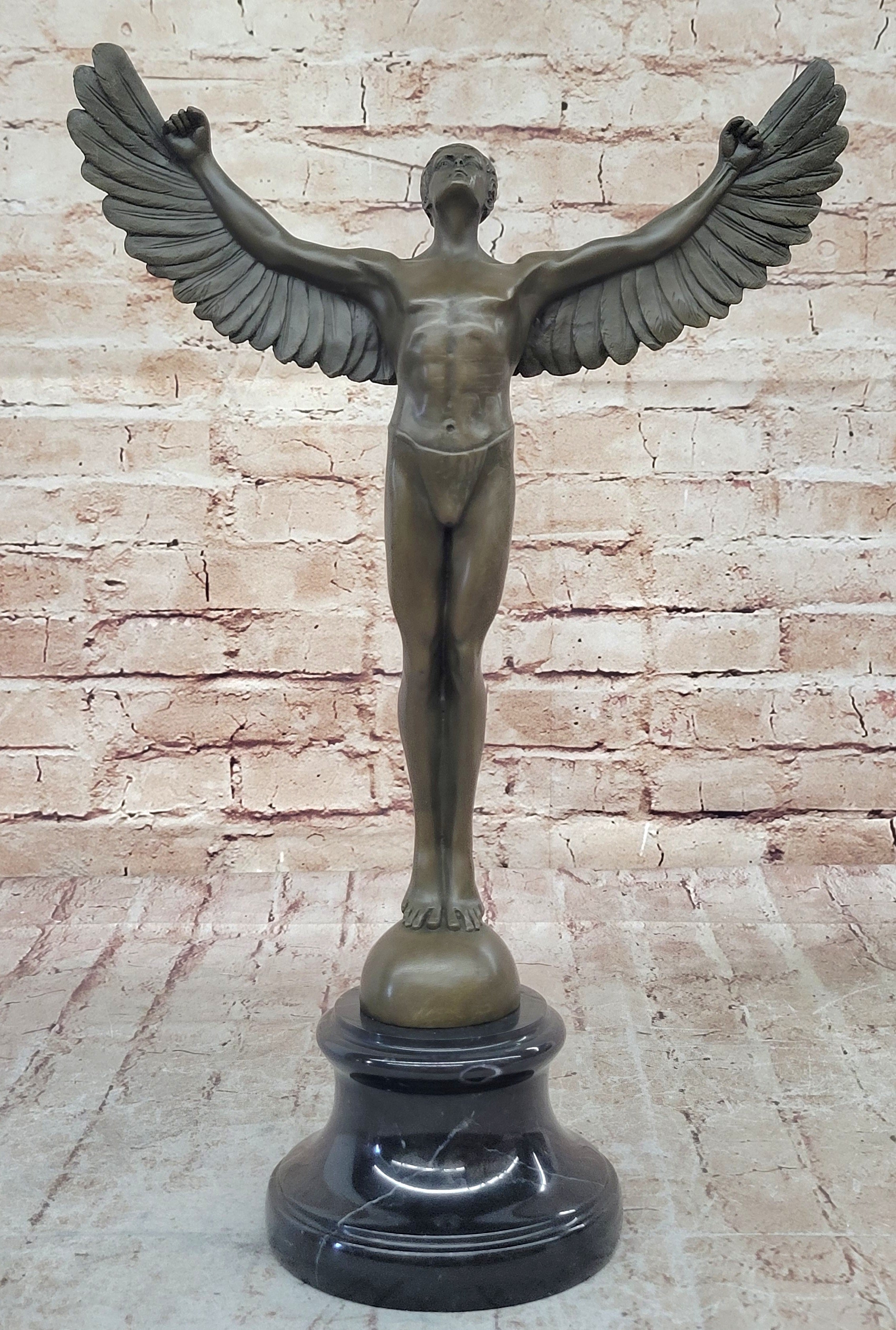 Nude Icarus Rising Day by Weinman Bronze Sculpture Statue Figure on Marble Base