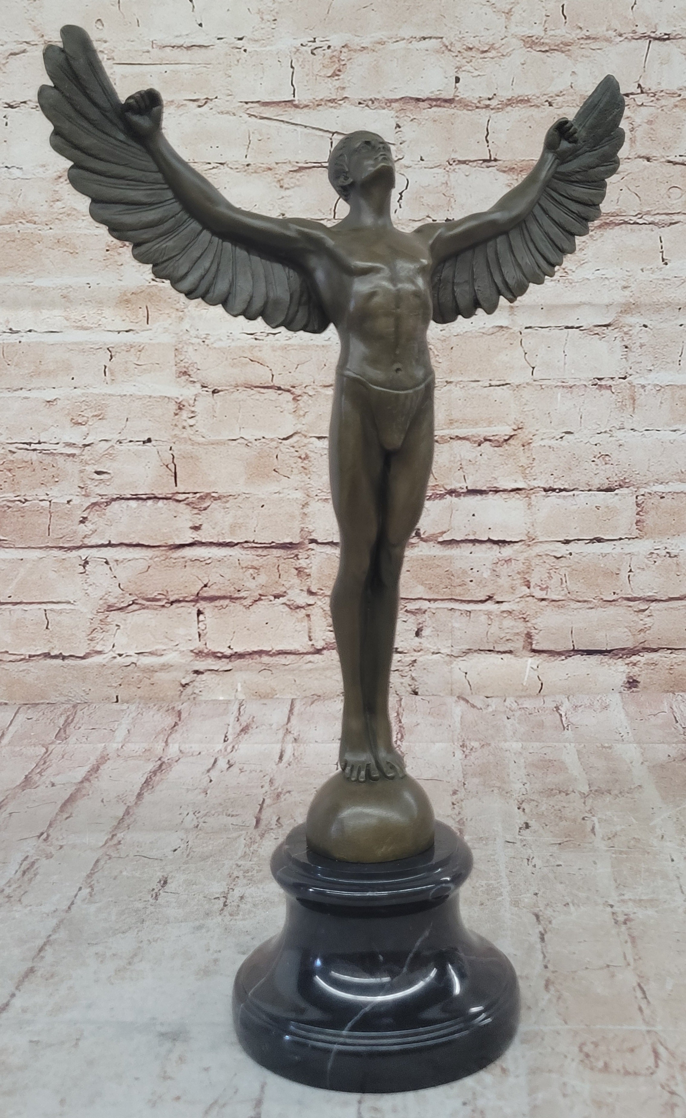 Nude Icarus Rising Day by Weinman Bronze Sculpture Statue Figure on Marble Base