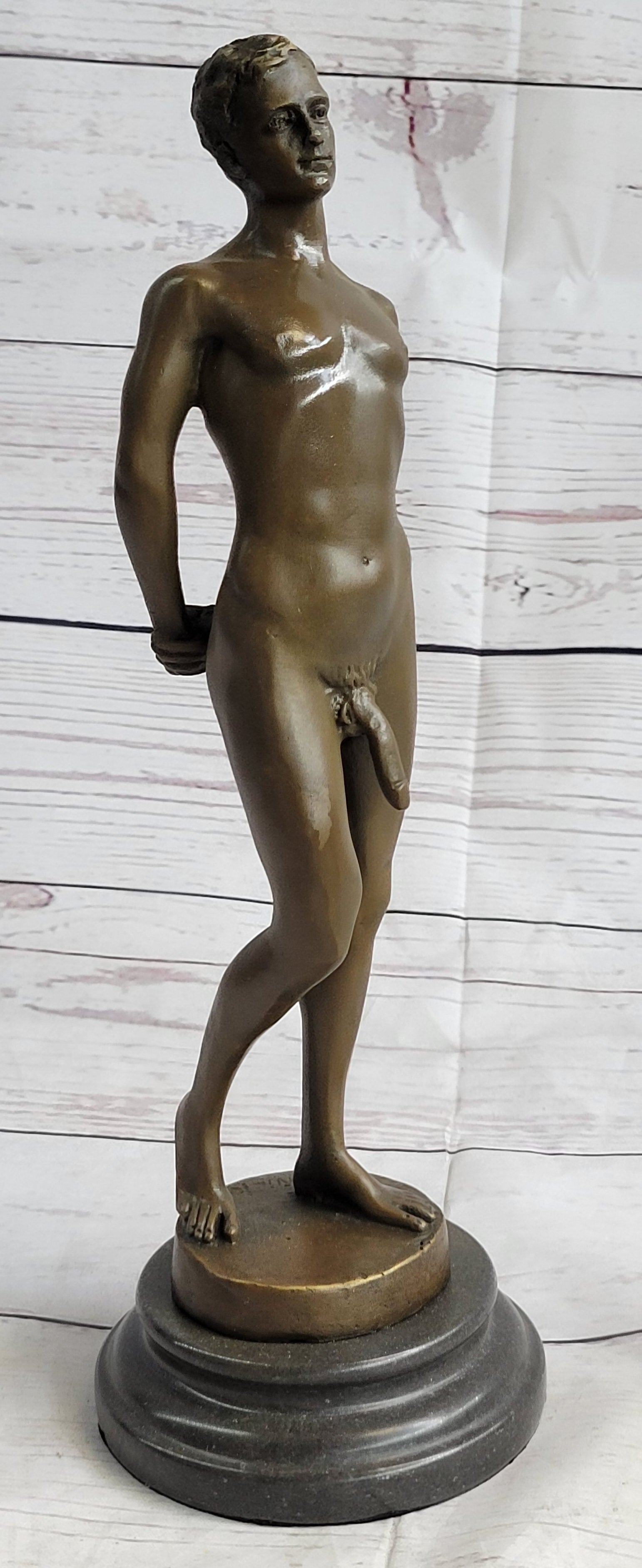 Well Endowed Nude Man Male Bronze Figure Sculpture Gay Art Marble Base