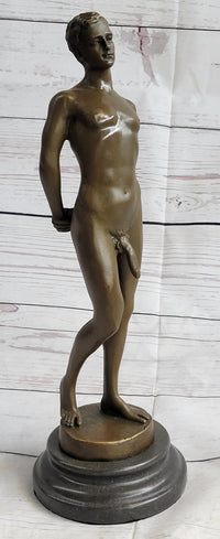 Well Endowed Nude Man Male Bronze Figure Sculpture Gay Art Marble Base