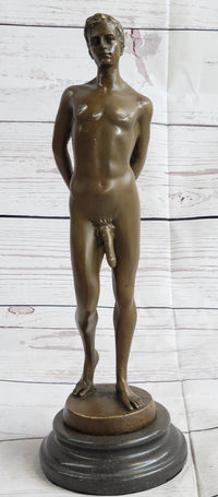 Well Endowed Nude Man Male Bronze Figure Sculpture Gay Art Marble Base
