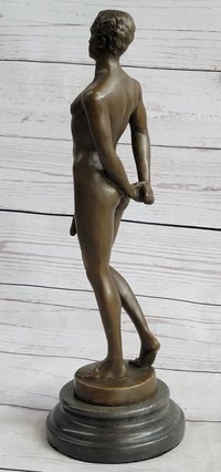 Well Endowed Nude Man Male Bronze Figure Sculpture Gay Art Marble Base