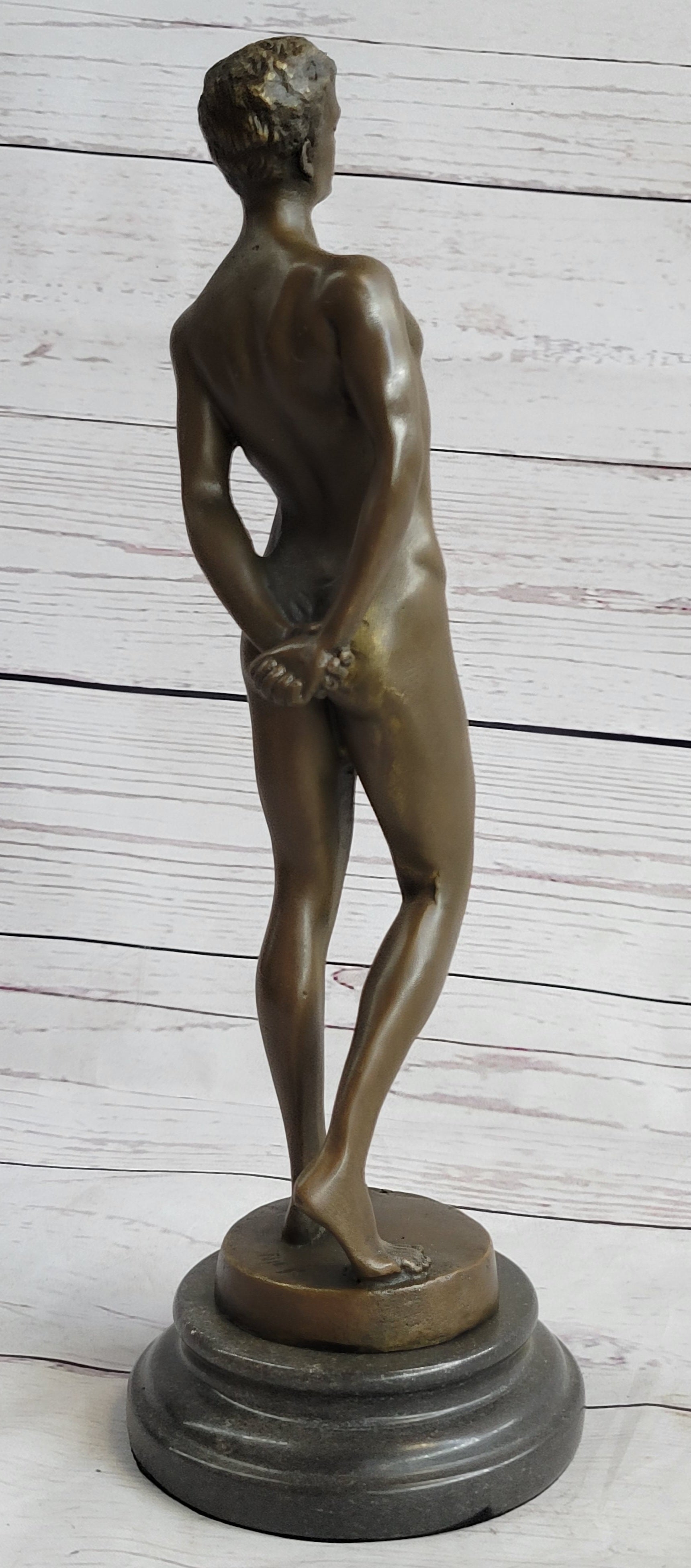 Well Endowed Nude Man Male Bronze Figure Sculpture Gay Art Marble Base