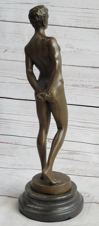 Well Endowed Nude Man Male Bronze Figure Sculpture Gay Art Marble Base