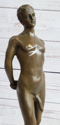Well Endowed Nude Man Male Bronze Figure Sculpture Gay Art Marble Base