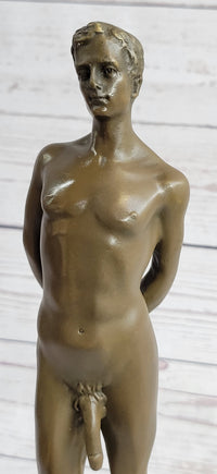 Well Endowed Nude Man Male Bronze Figure Sculpture Gay Art Marble Base