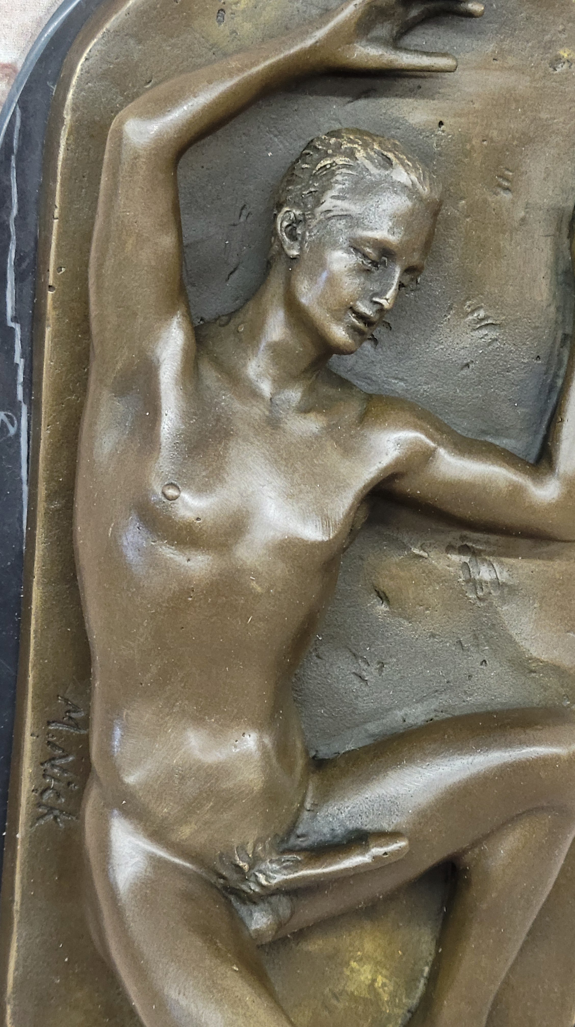 Nude Male Laying on Back Bronze Sculpture Erotic Art Marble 5" x 11"