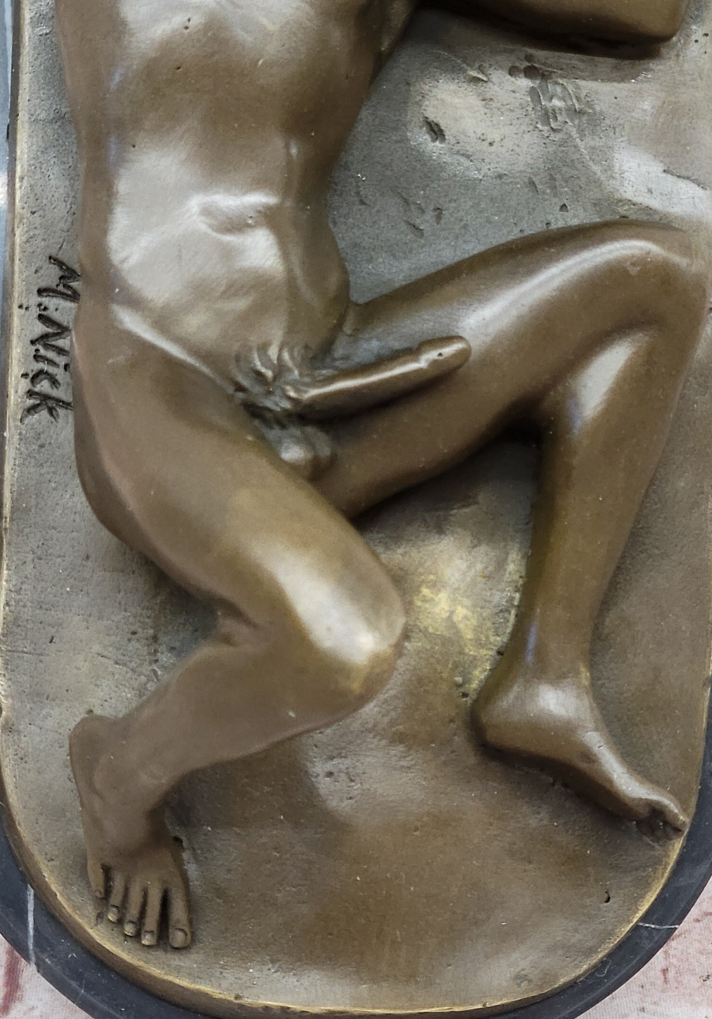 Nude Male Laying on Back Bronze Sculpture Erotic Art Marble 5" x 11"