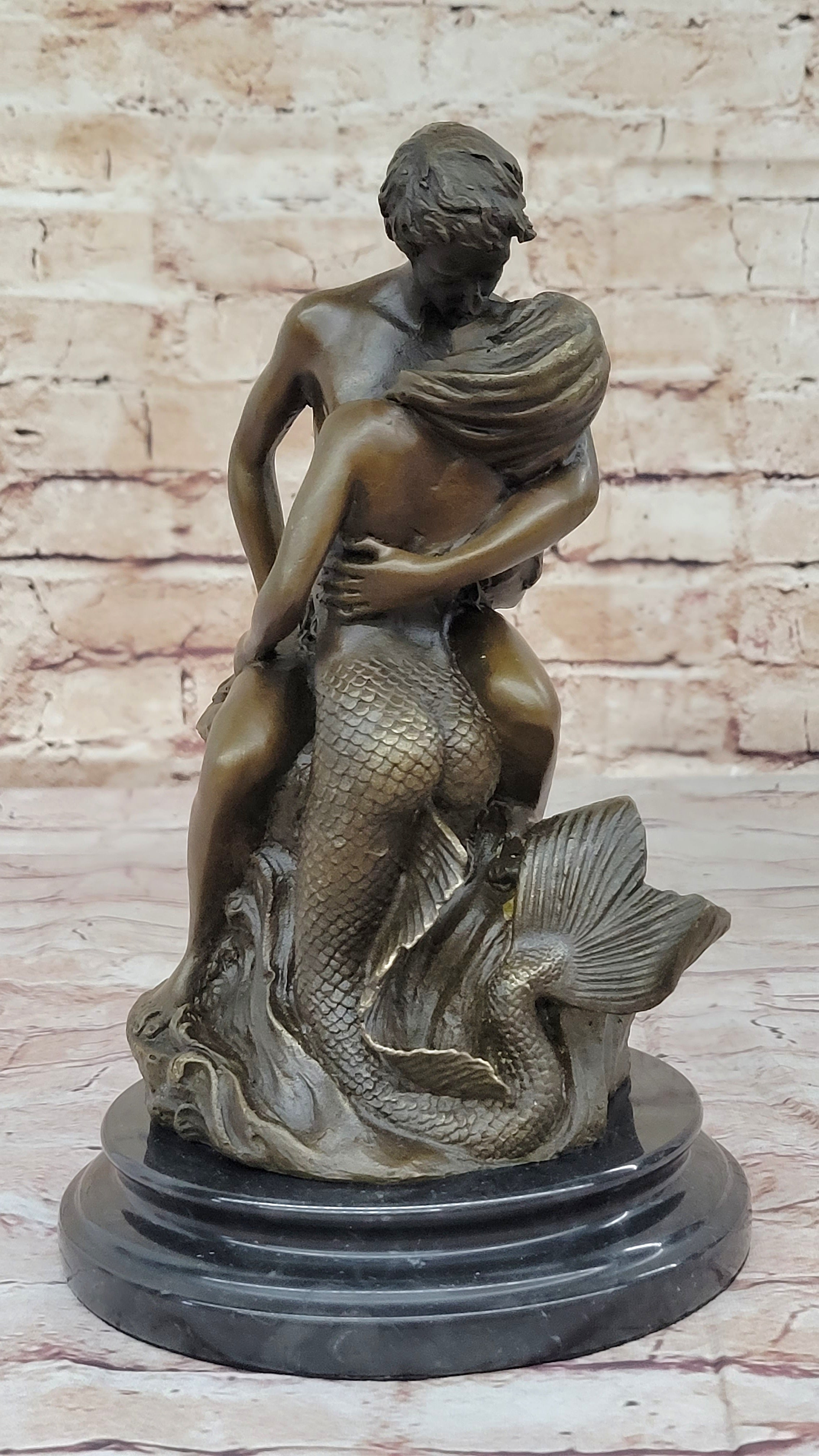Mermaid and Lover Bronze Sculpture 10" x 6"