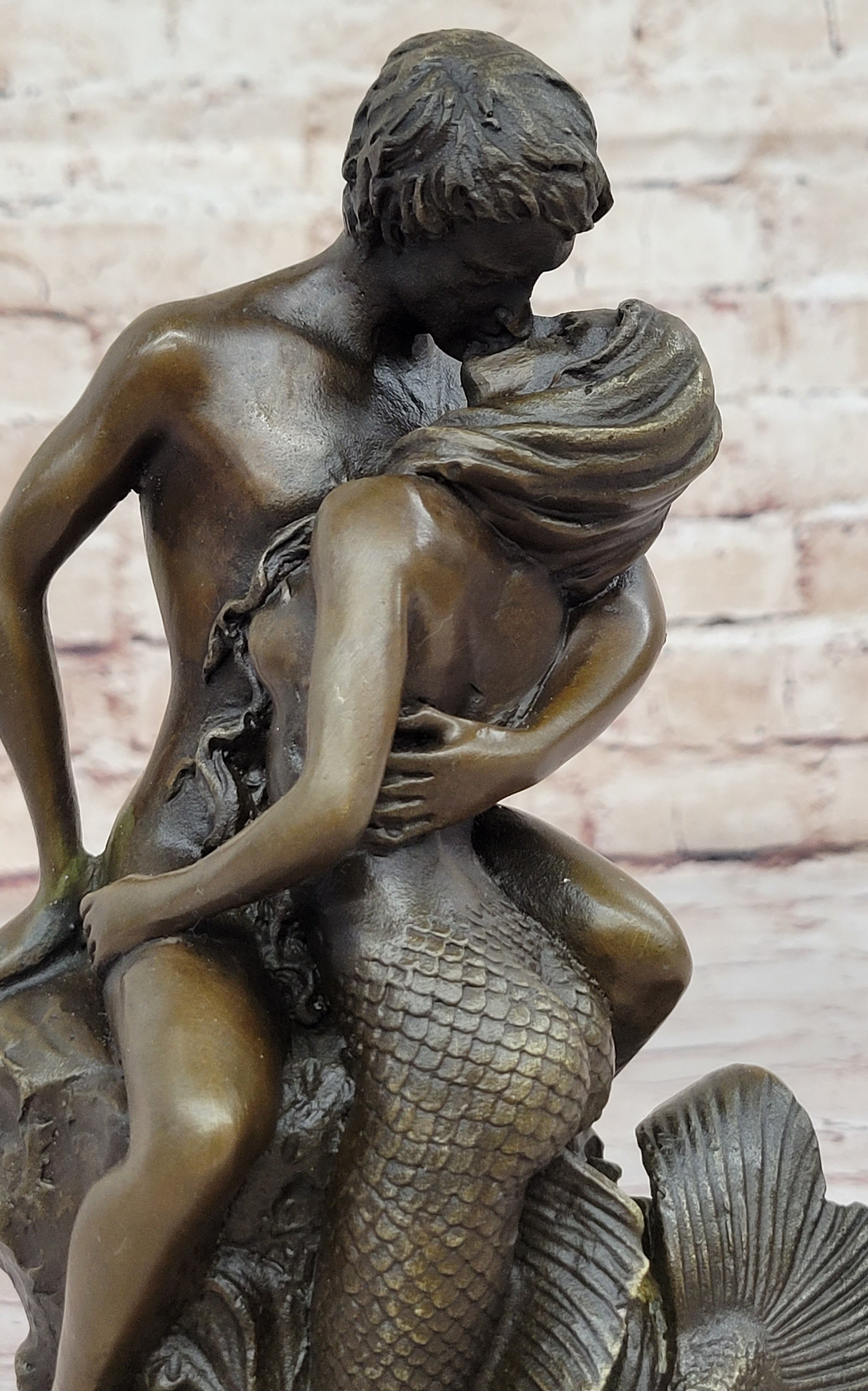 Mermaid and Lover Bronze Sculpture 10" x 6"