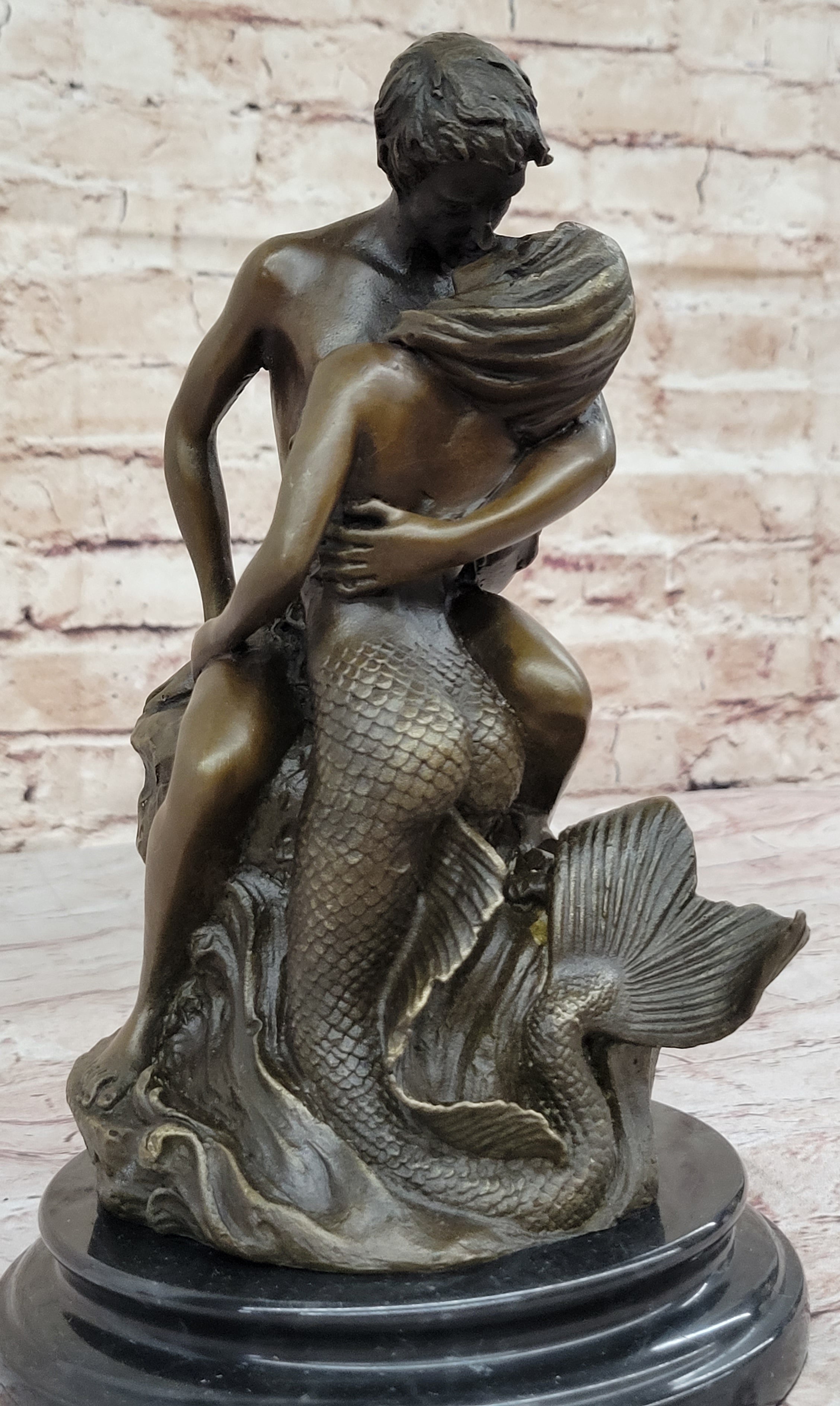 Mermaid and Lover Bronze Sculpture 10" x 6"