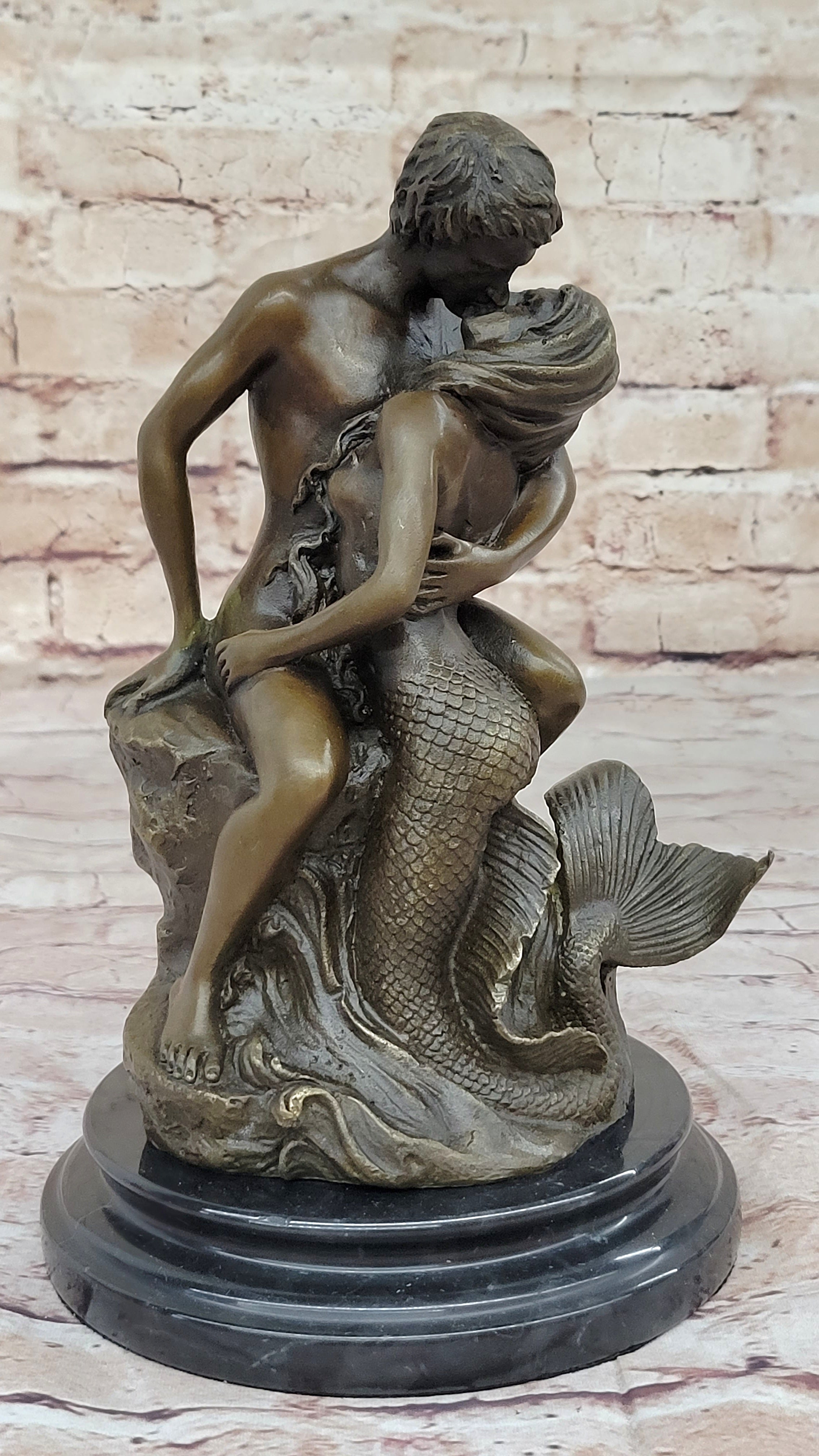 Mermaid and Lover Bronze Sculpture 10" x 6"